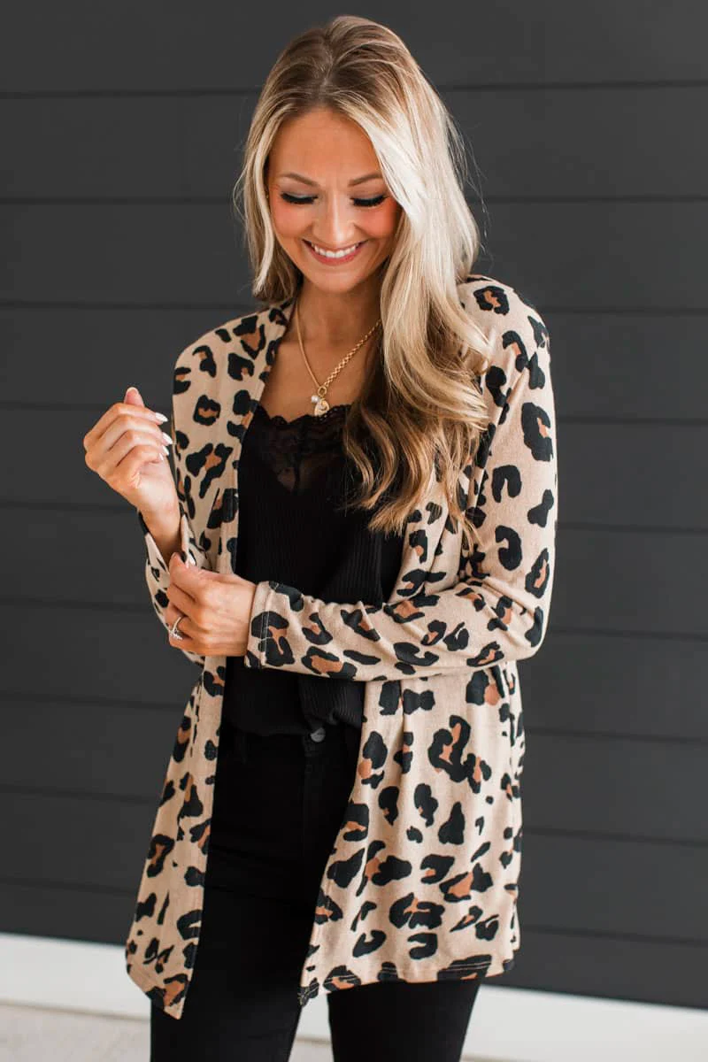 Closer To Nature Leopard Knit Cardigan- Light Khaki - Image 4