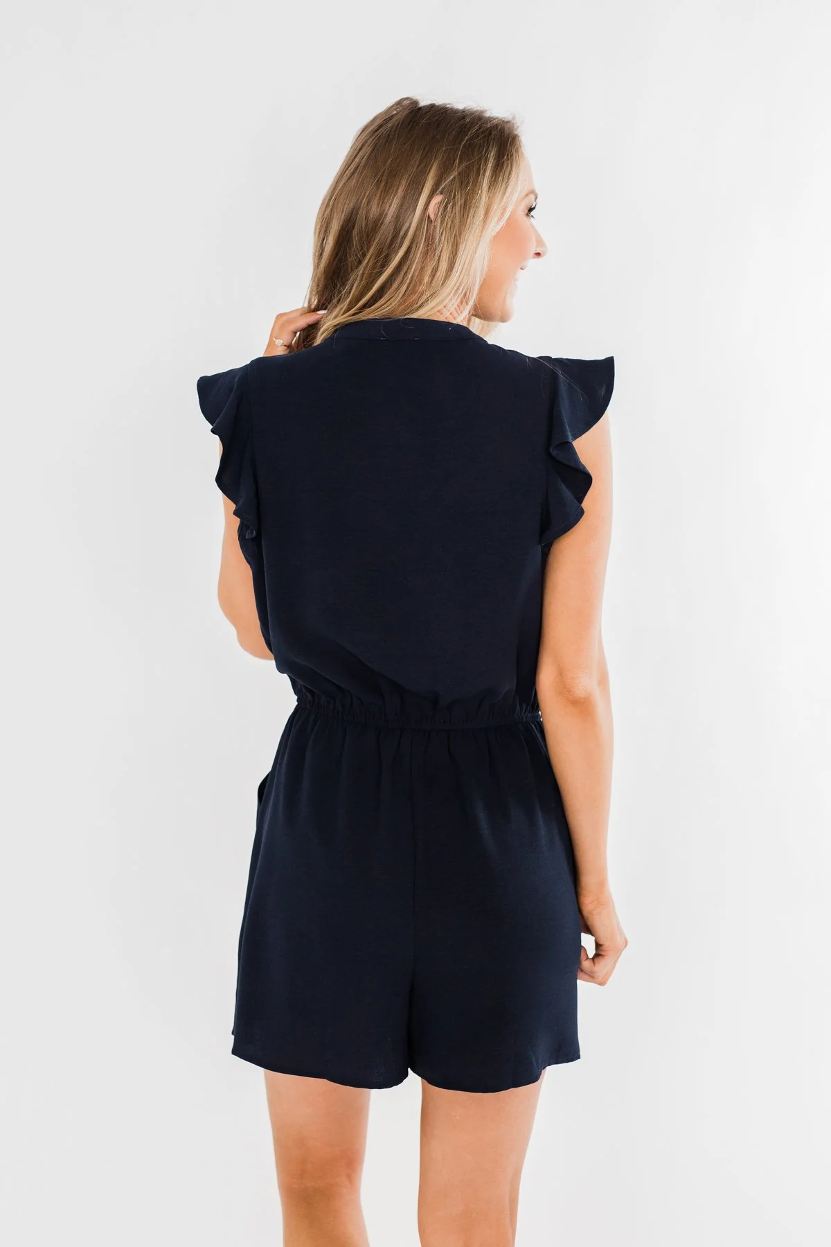 Closer To You V-Neck Ruffle Romper- Navy - Image 11