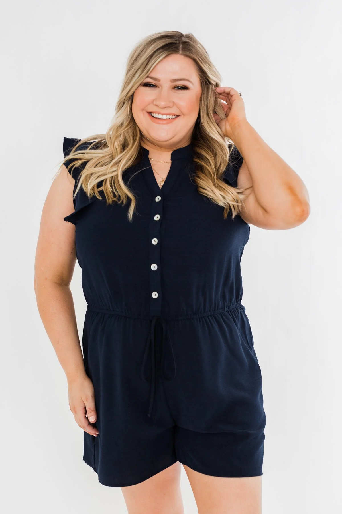 Closer To You V-Neck Ruffle Romper- Navy - Image 2
