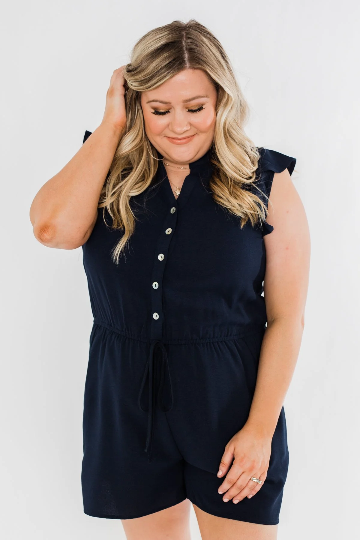 Closer To You V-Neck Ruffle Romper- Navy - Image 4