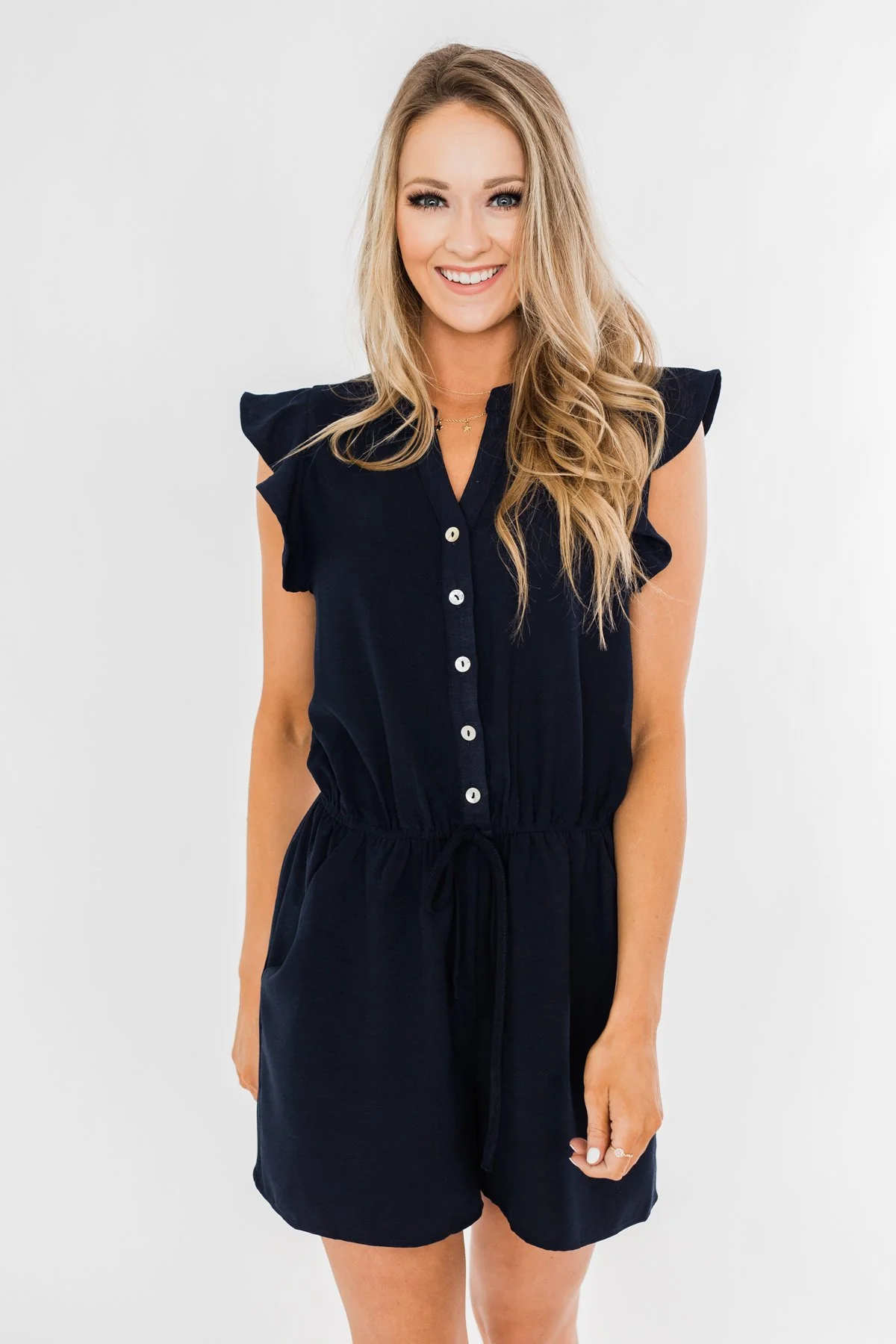 Closer To You V-Neck Ruffle Romper- Navy - Image 5