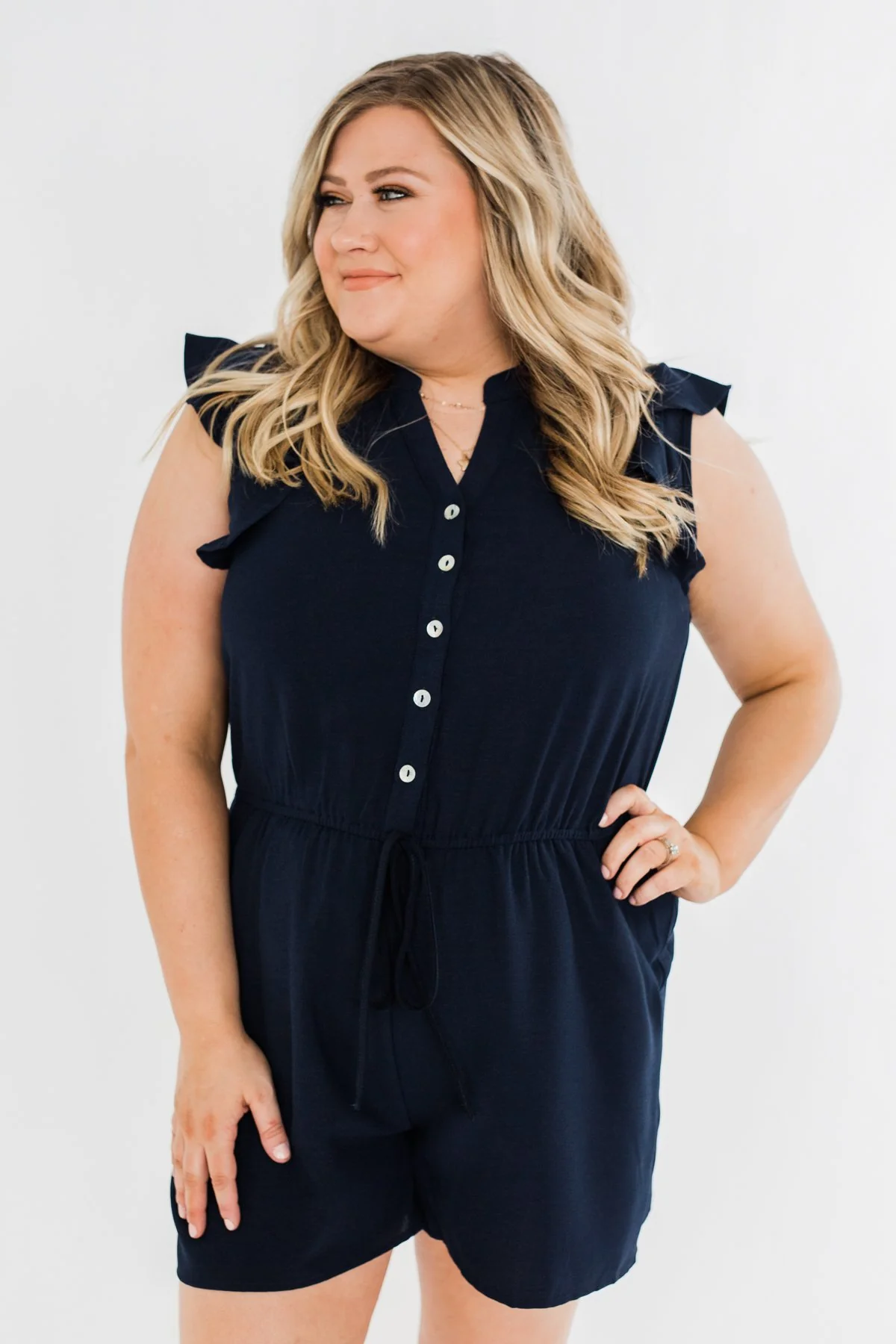 Closer To You V-Neck Ruffle Romper- Navy - Image 6