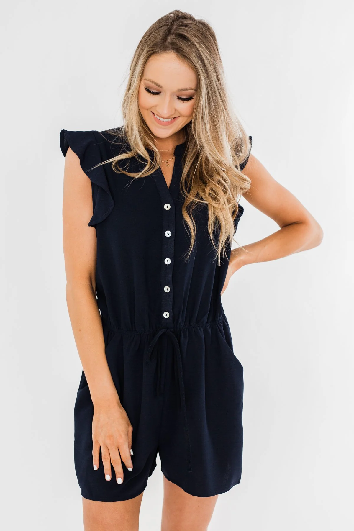 Closer To You V-Neck Ruffle Romper- Navy - Image 7