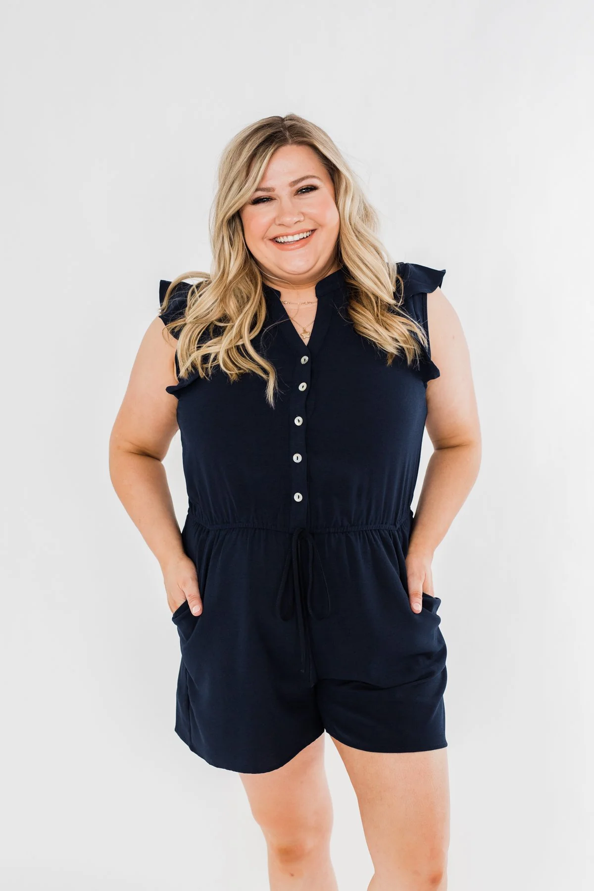 Closer To You V-Neck Ruffle Romper- Navy - Image 8