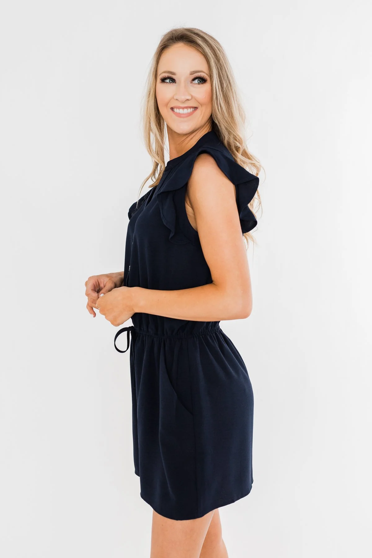 Closer To You V-Neck Ruffle Romper- Navy - Image 9