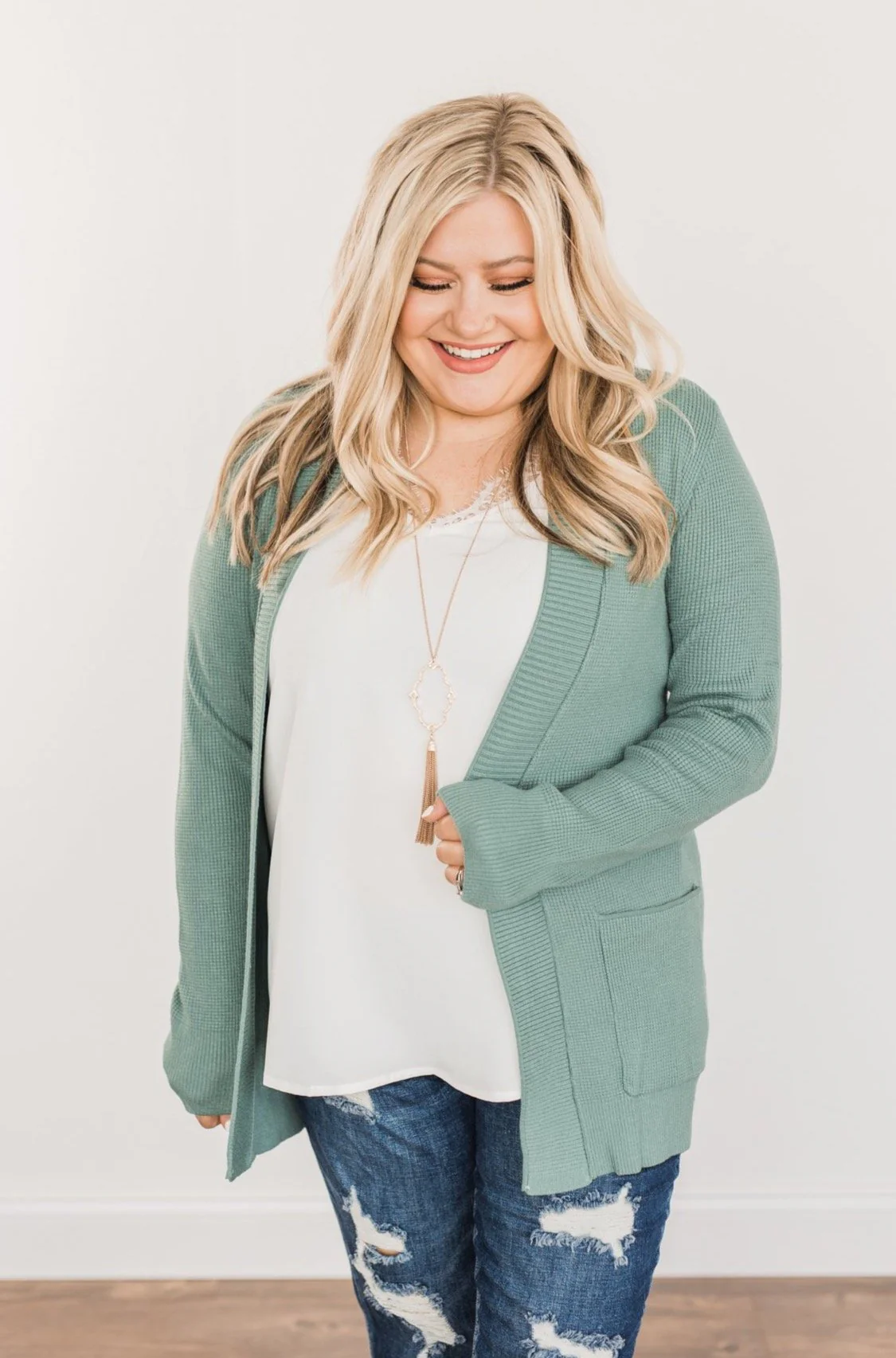 Cloud Nine Waffle Knit Cardigan- Dusty Jade - Image 5