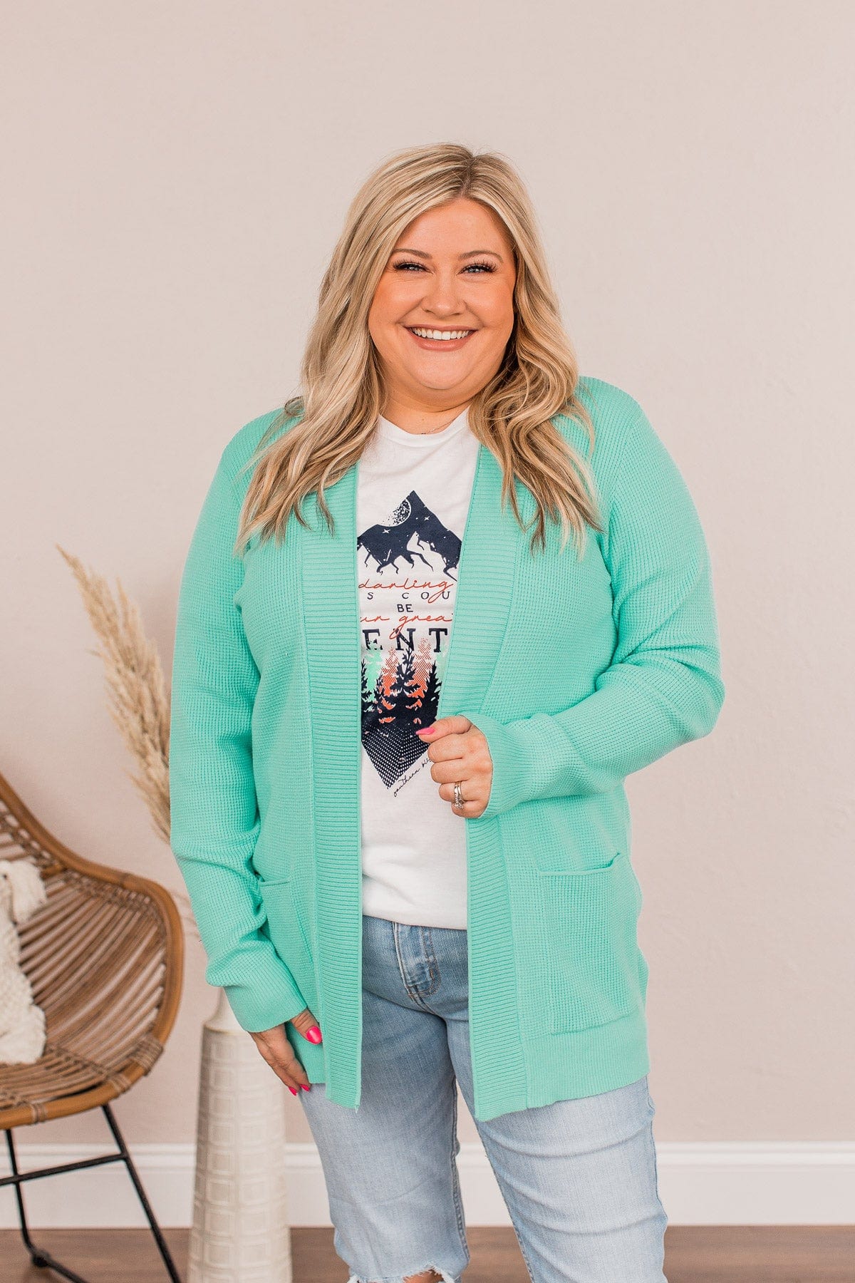 Cloud Nine Waffle Knit Cardigan- Mint - Image 3