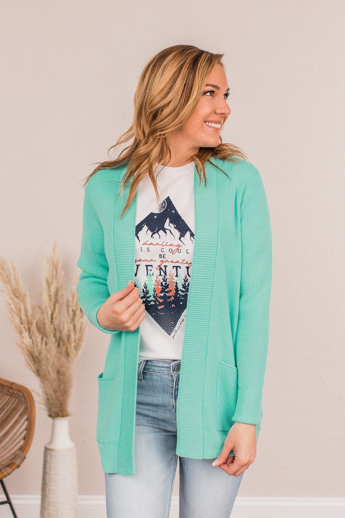 Cloud Nine Waffle Knit Cardigan- Mint - Image 4
