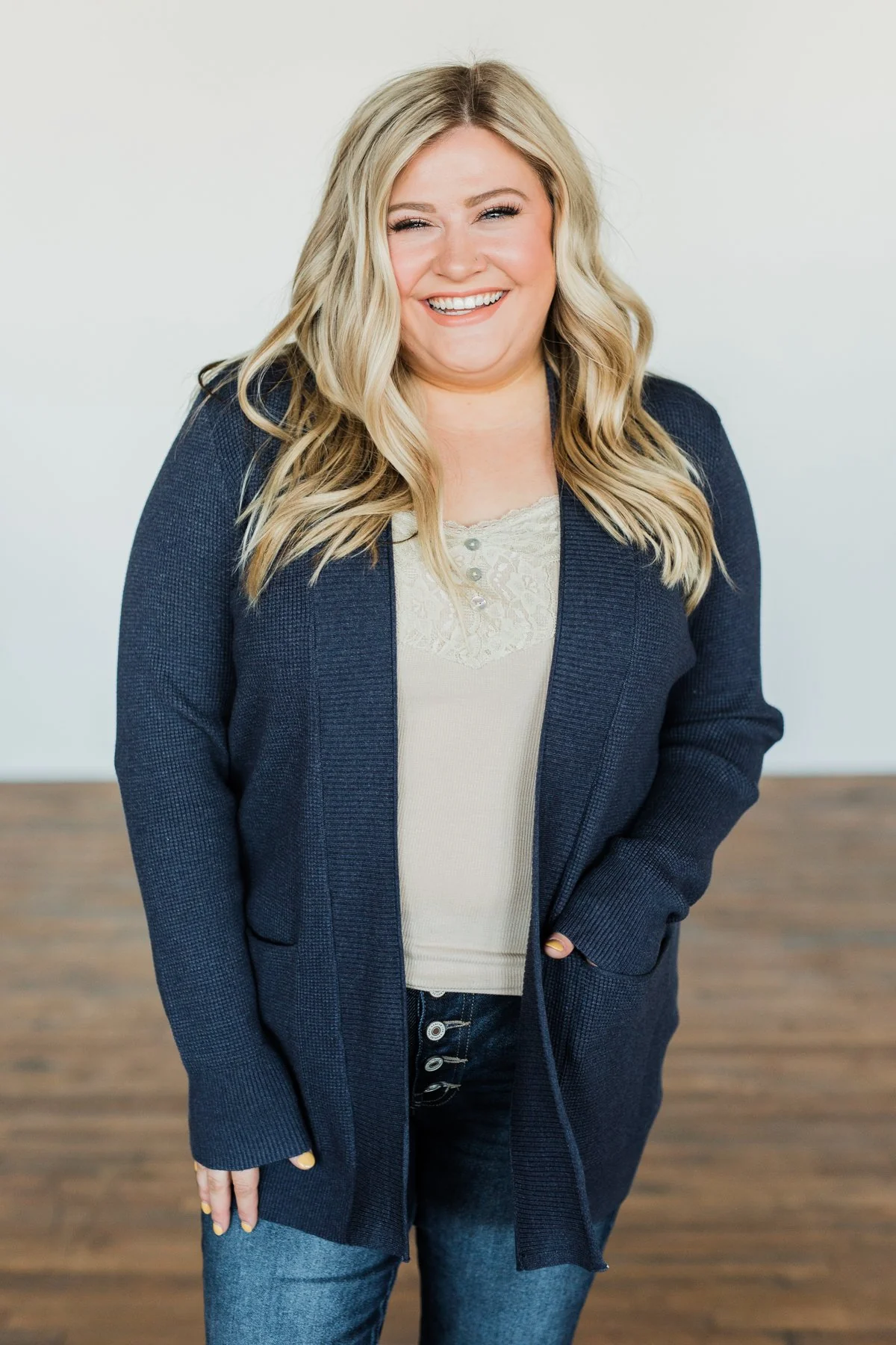 Cloud Nine Waffle Knit Cardigan- Navy - Image 2