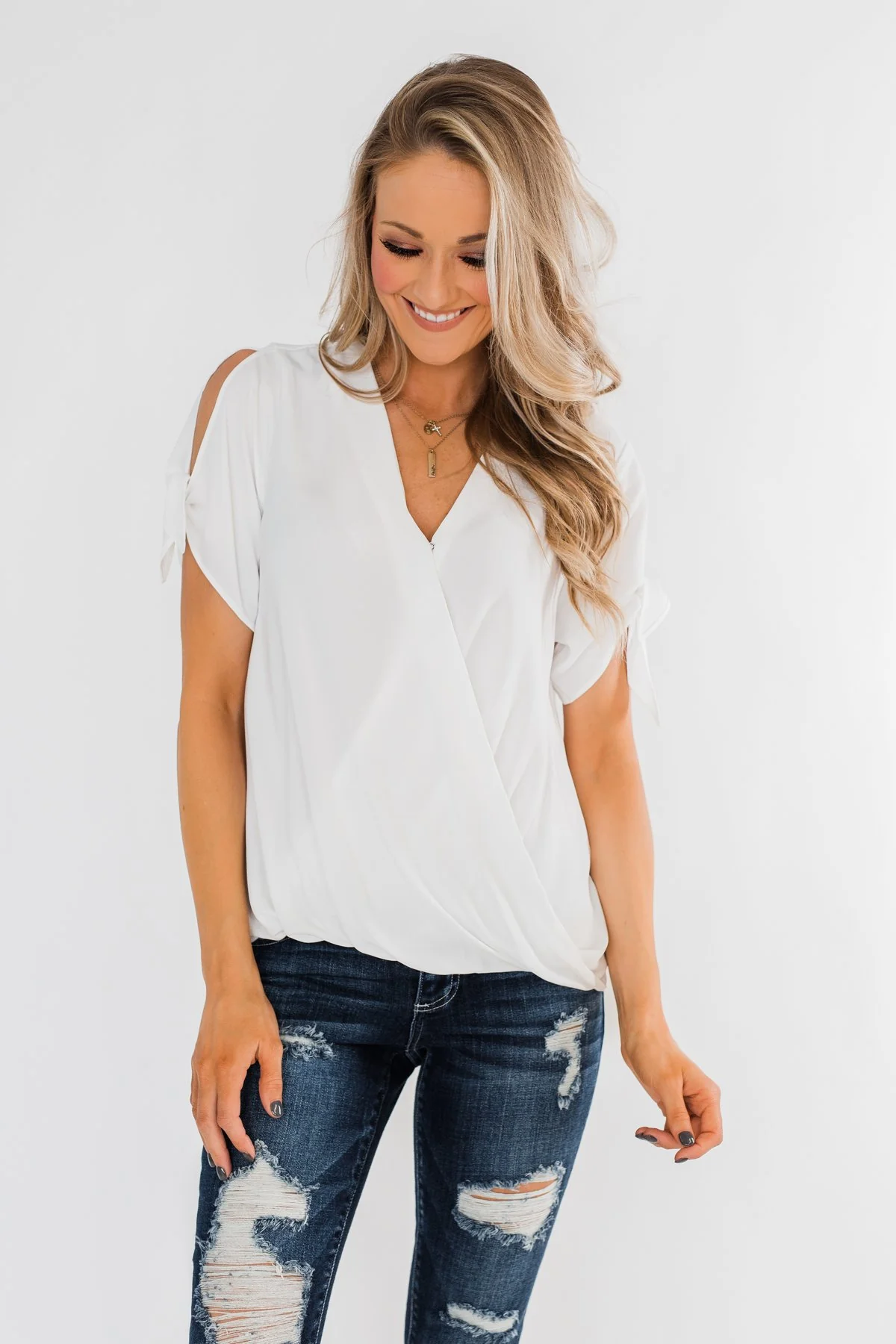 Cold Shoulder Wrap Blouse- Off White - Image 3