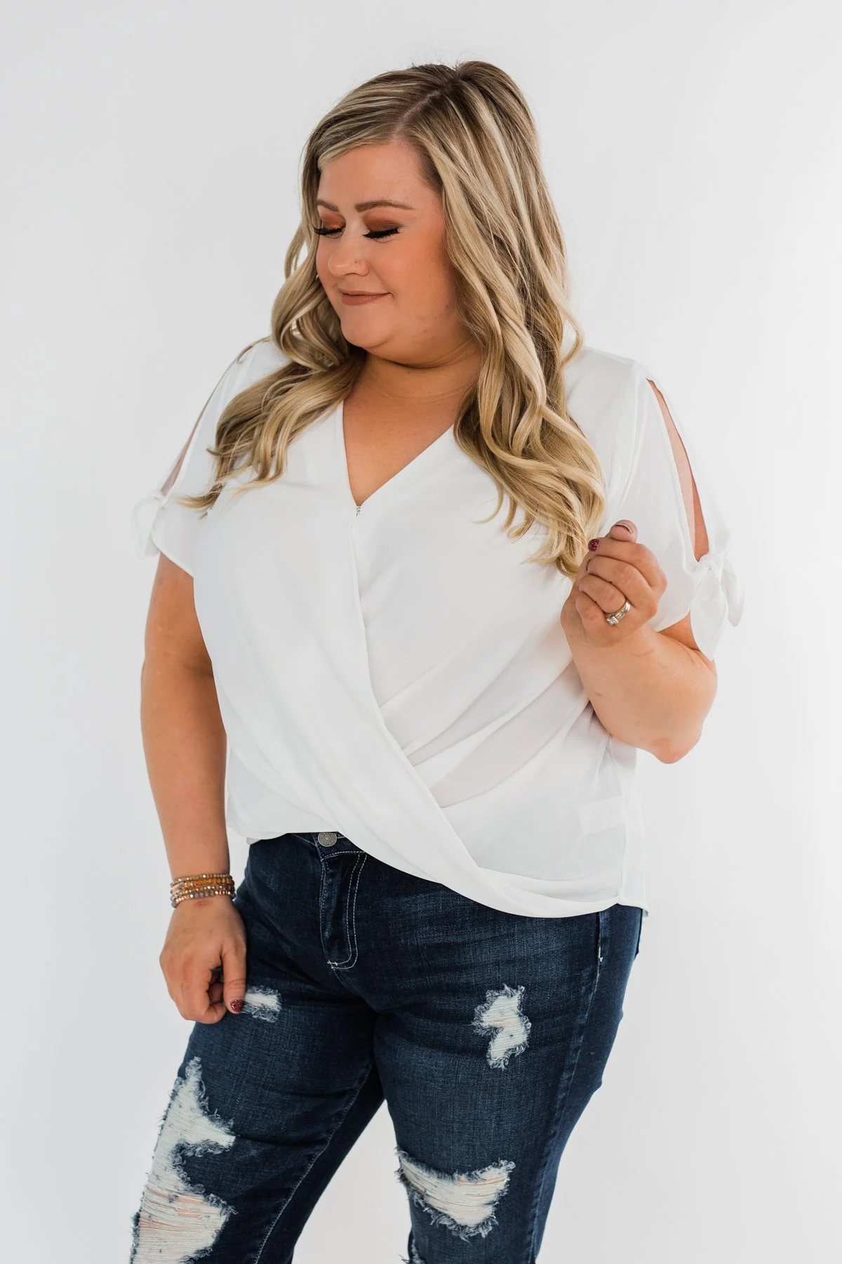 Cold Shoulder Wrap Blouse- Off White - Image 6