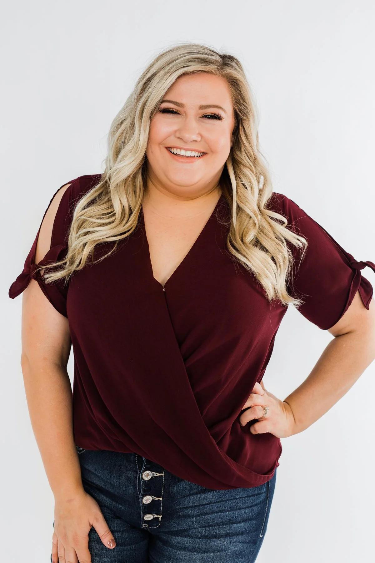 Cold Shoulder Wrap Blouse- Wine - Image 6