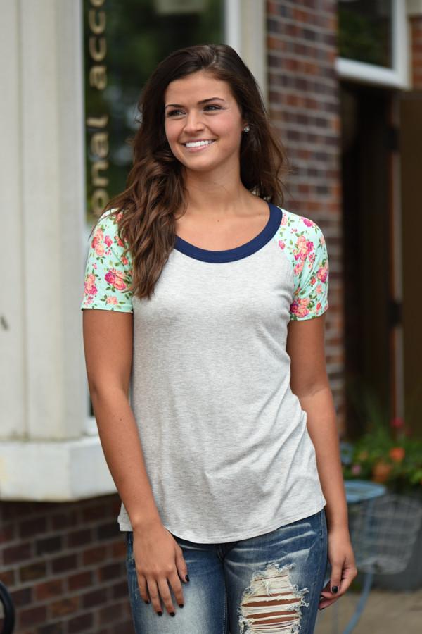 Collar Full of Color Floral Top ~ Grey & Mint - Image 3
