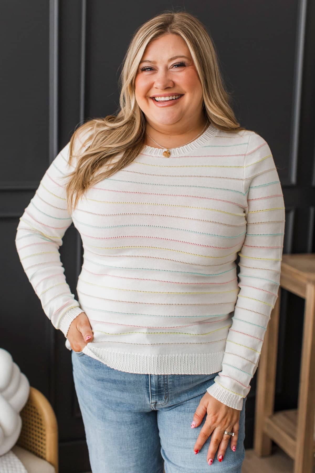 Collecting Moments Multi-Color Stripe Knit Sweater- White - Image 3