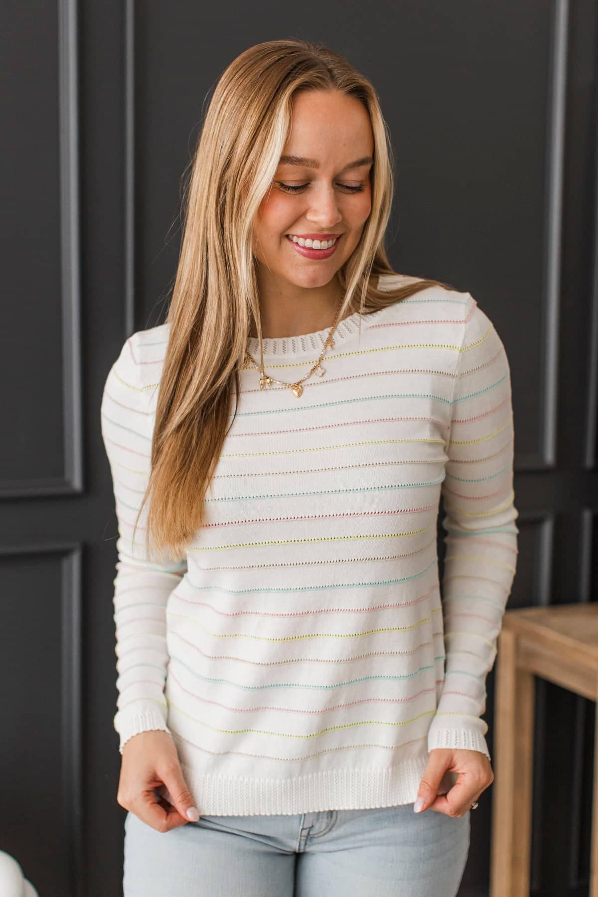 Collecting Moments Multi-Color Stripe Knit Sweater- White - Image 4