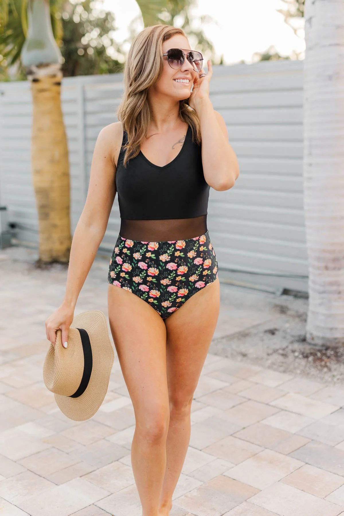 Collecting Seashells One-Piece Swimsuit- Black Floral - Image 7