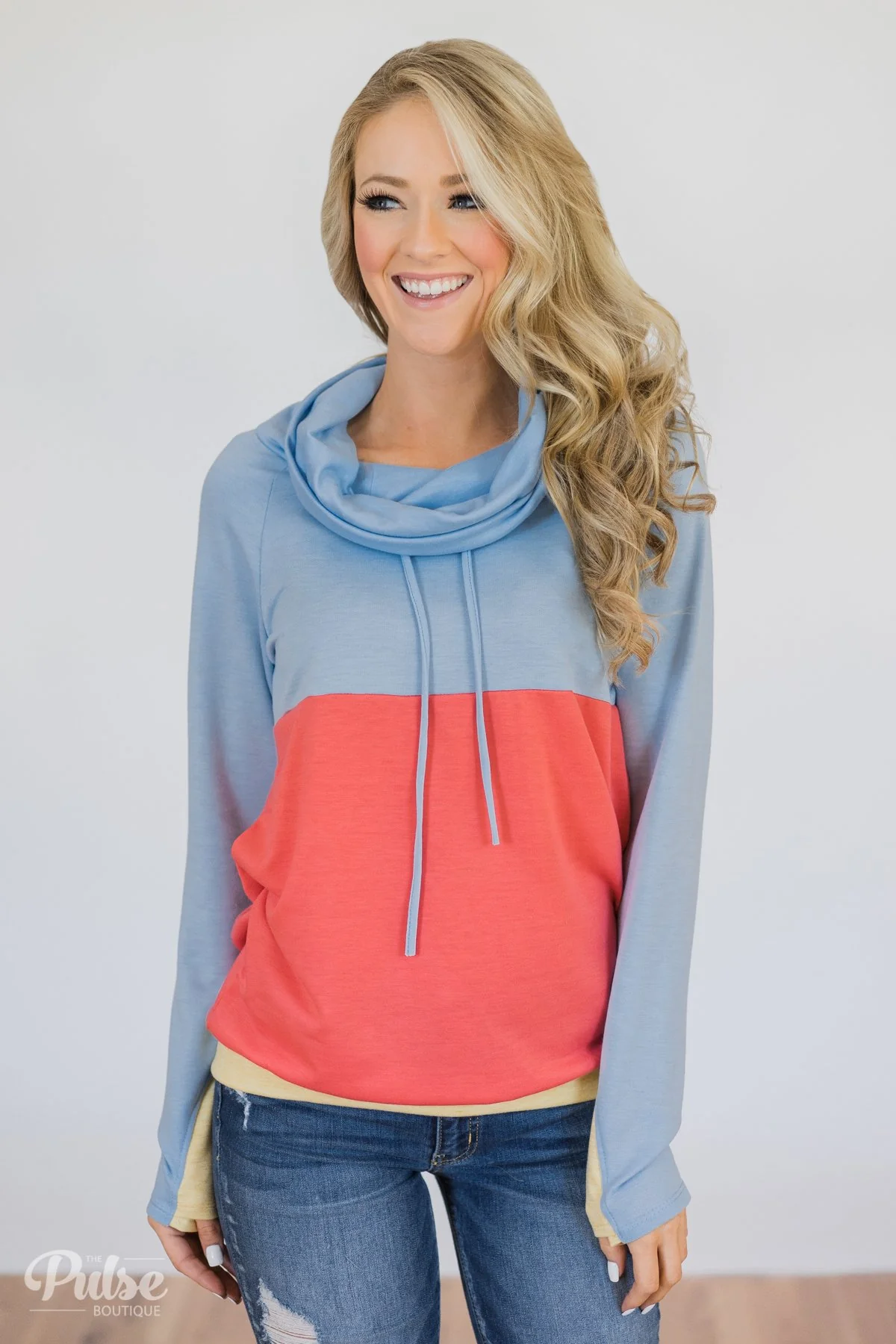 Color Block Cowl Neck- Light Blue & Coral - Image 2