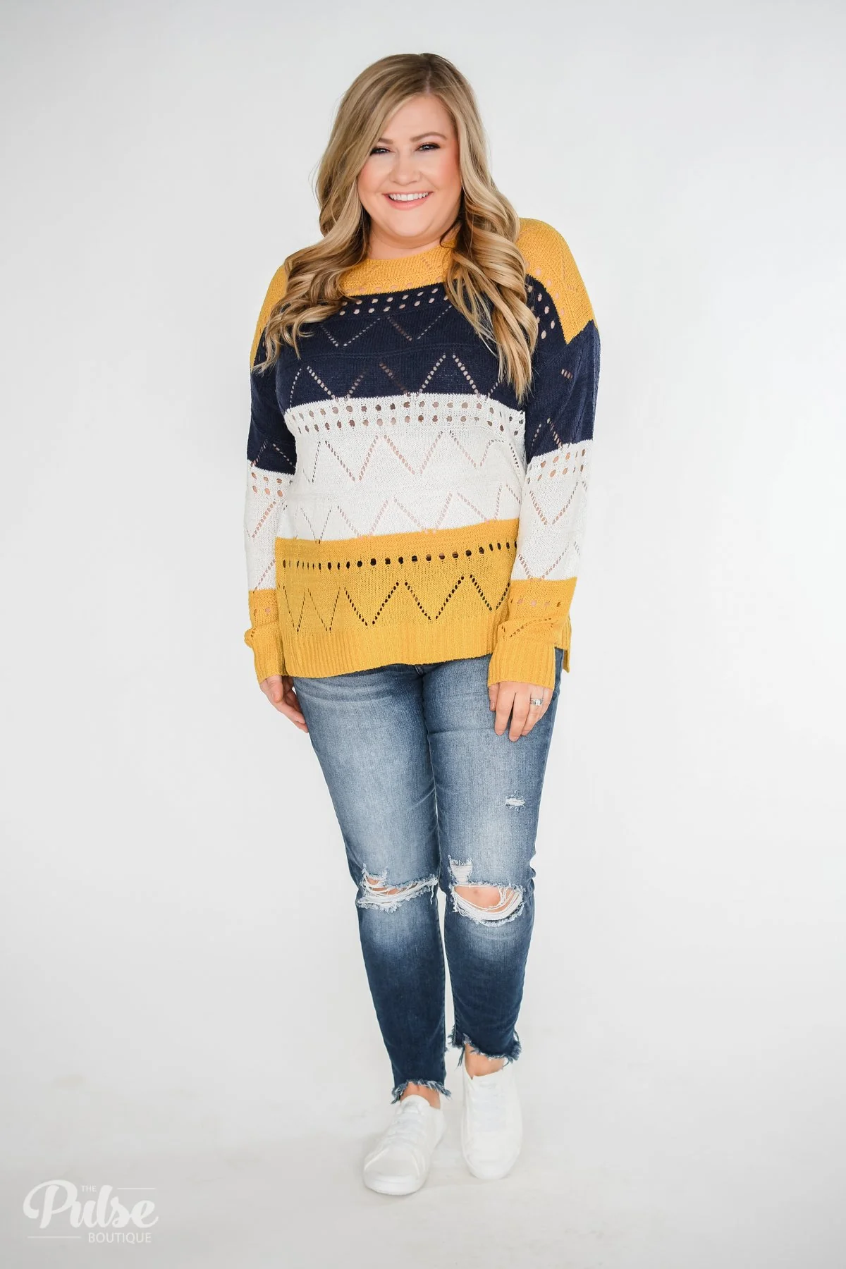 Color Block Pointelle Sweater- Mustard & Navy - Image 4