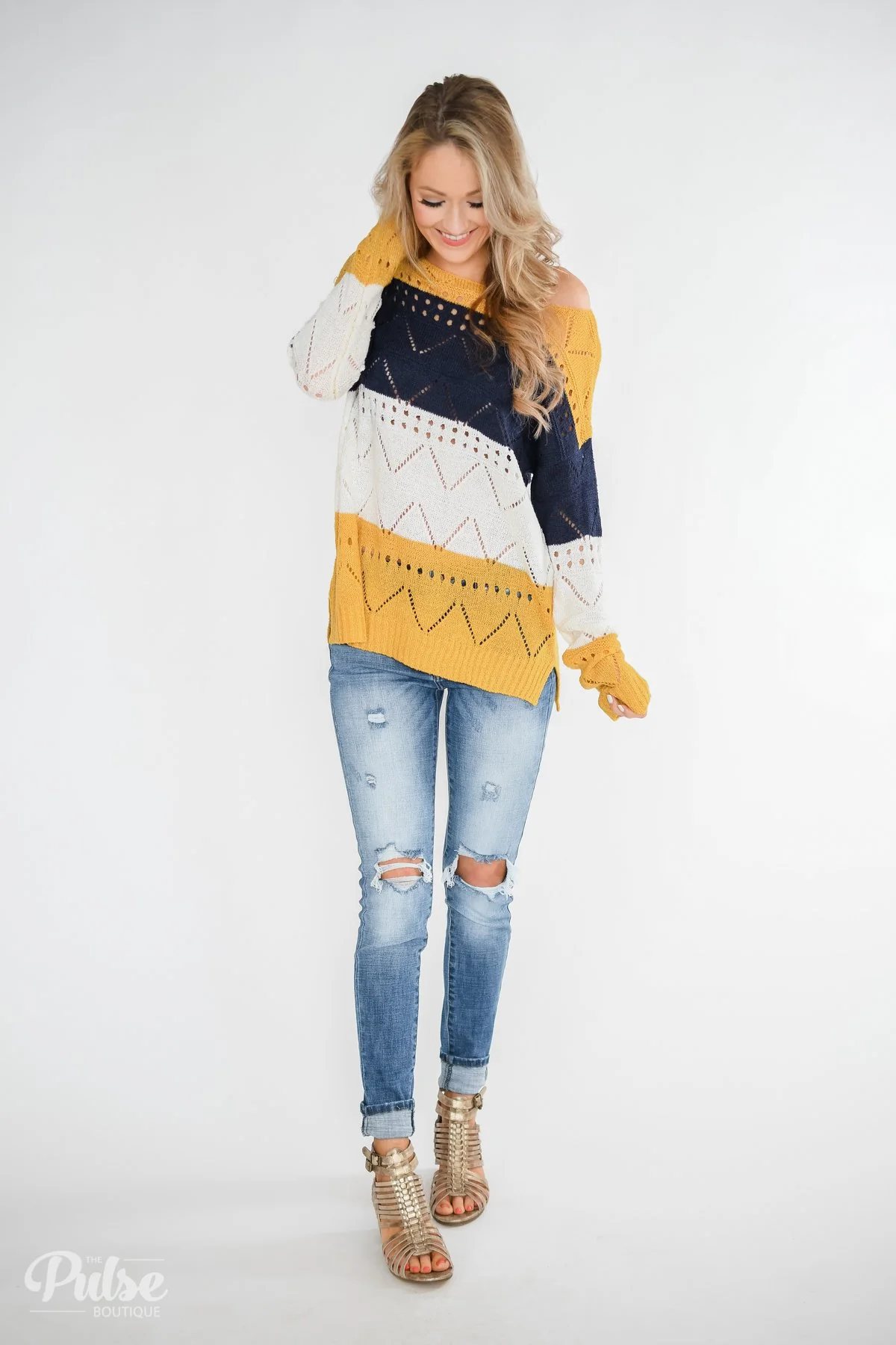 Color Block Pointelle Sweater- Mustard & Navy - Image 7