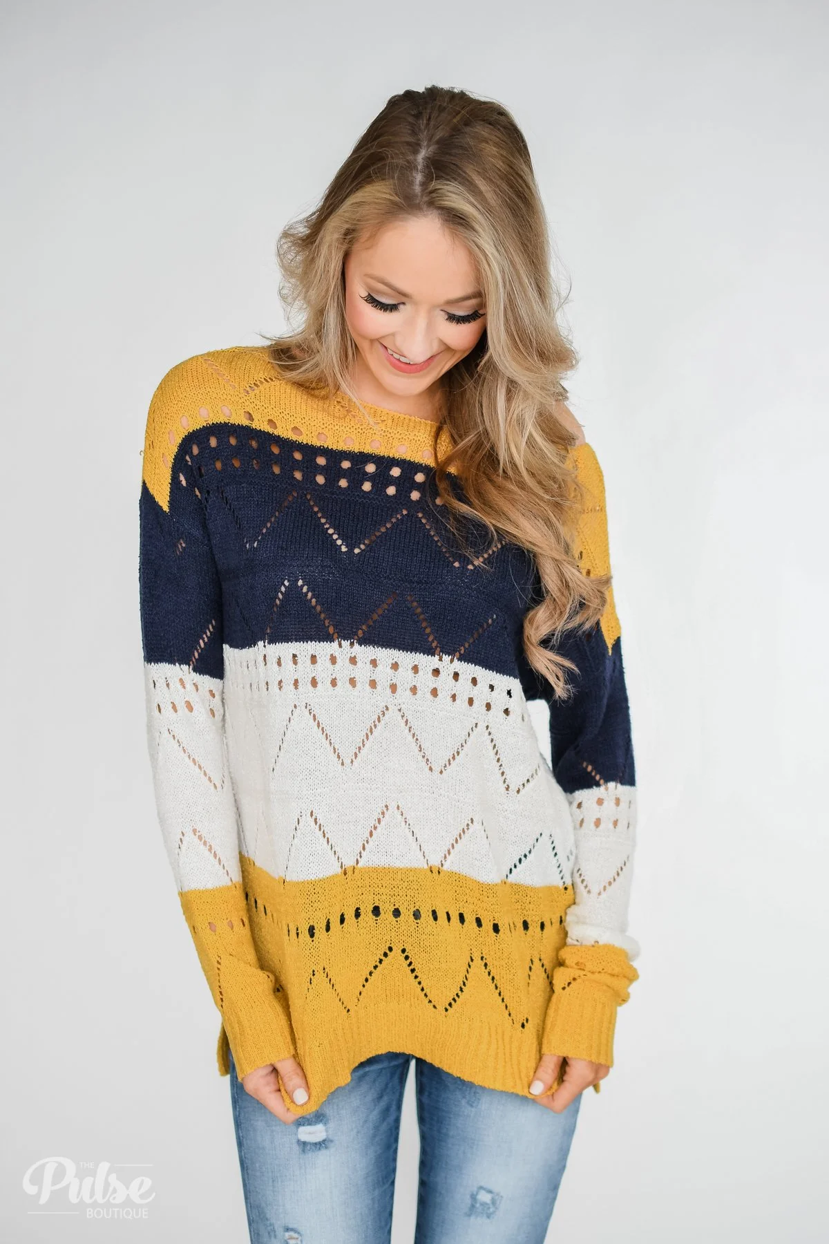 Color Block Pointelle Sweater- Mustard & Navy - Image 9