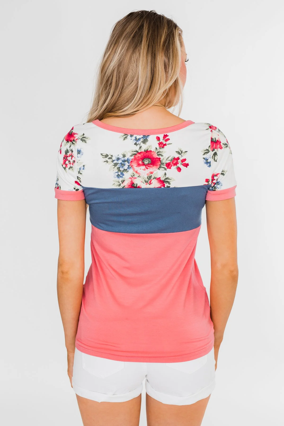 Color Block Short Sleeve Floral Top- Pink & Blue - Image 11