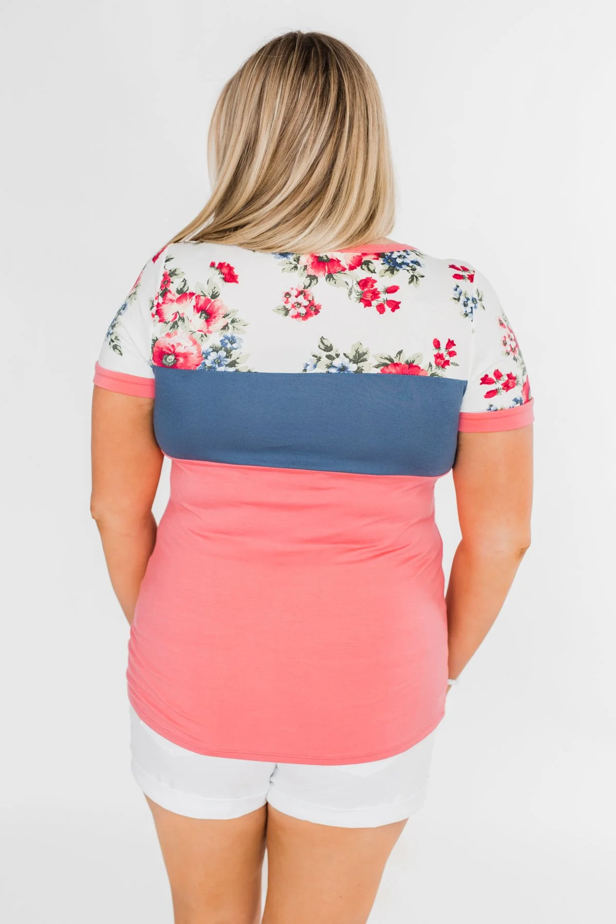 Color Block Short Sleeve Floral Top- Pink & Blue - Image 12