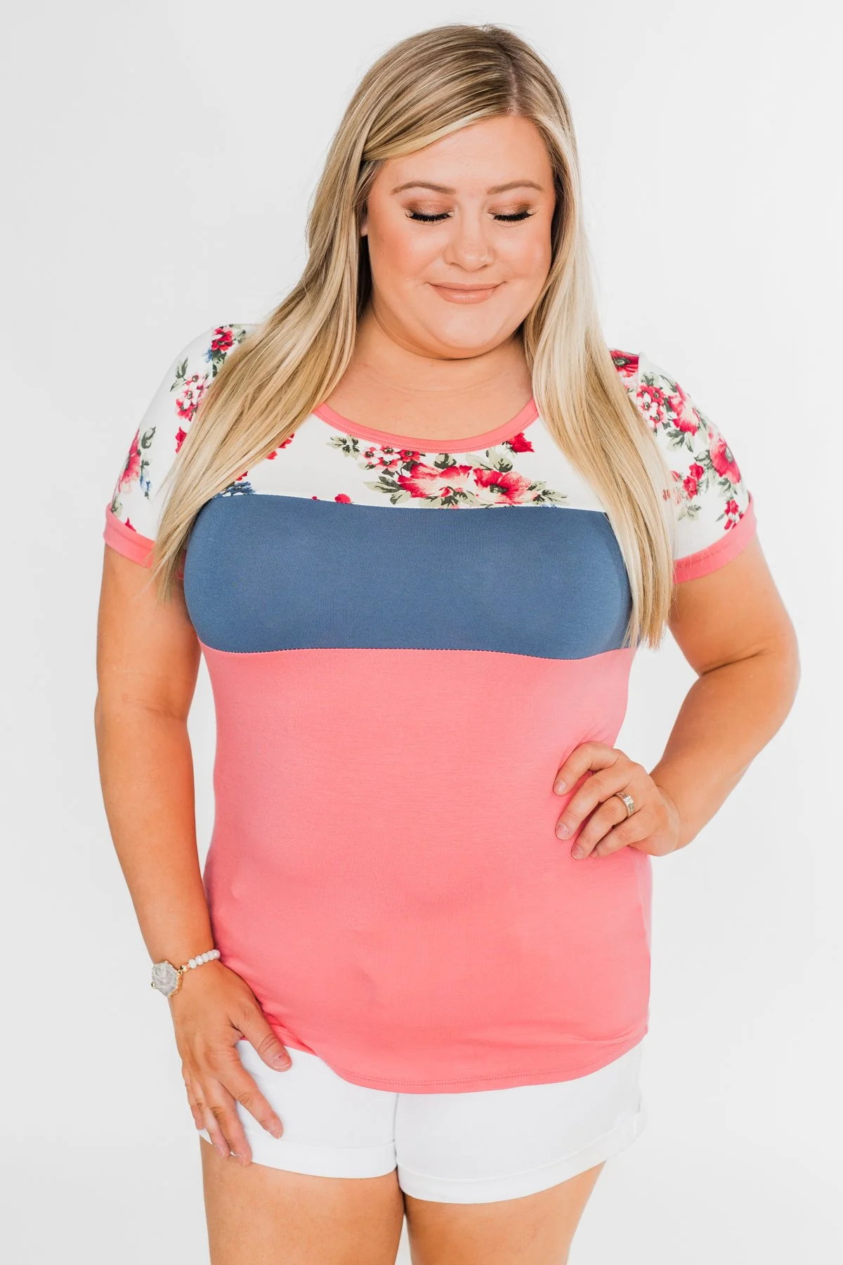 Color Block Short Sleeve Floral Top- Pink & Blue - Image 6