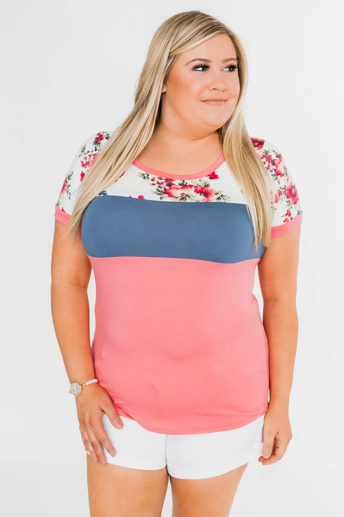 Color Block Short Sleeve Floral Top- Pink & Blue - Image 8
