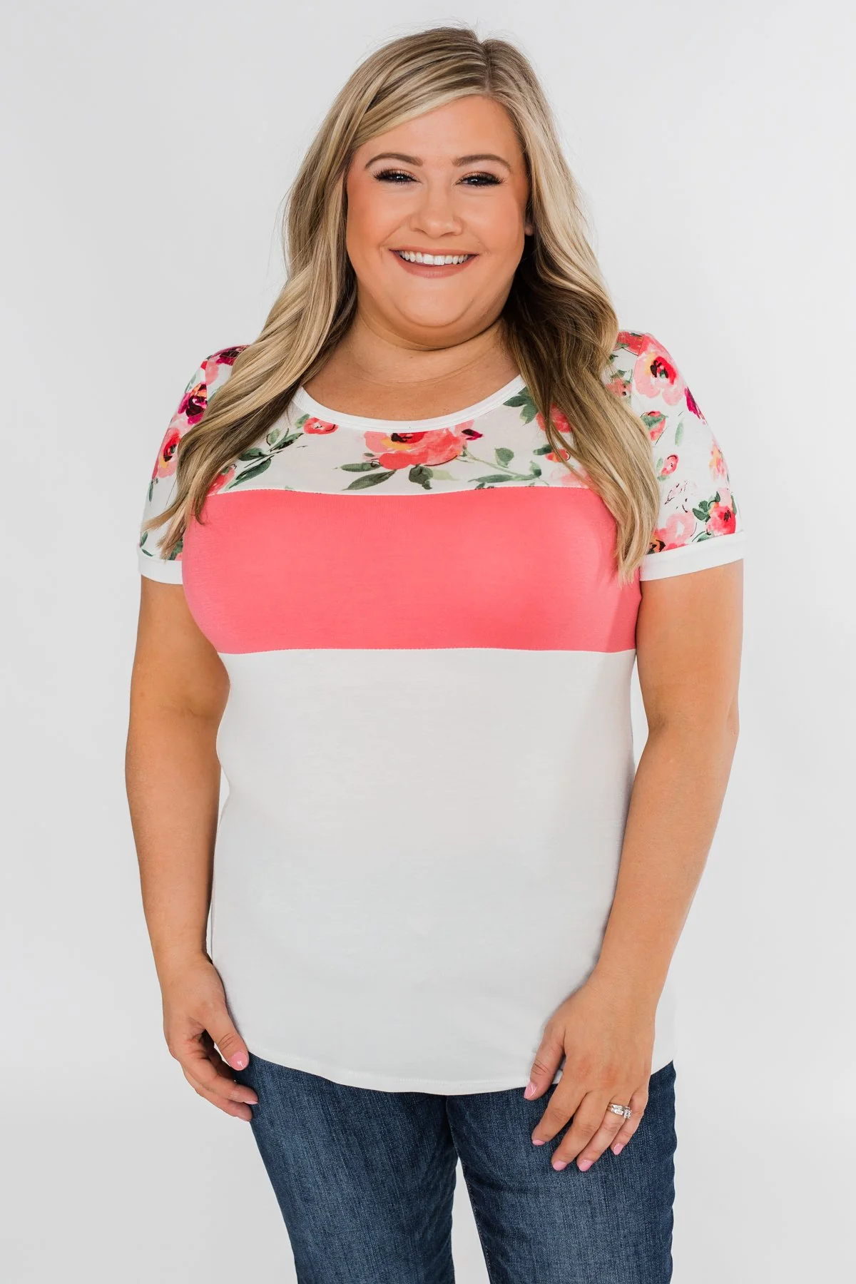 Color Block Short Sleeve Floral Top- White & Pink - Image 2