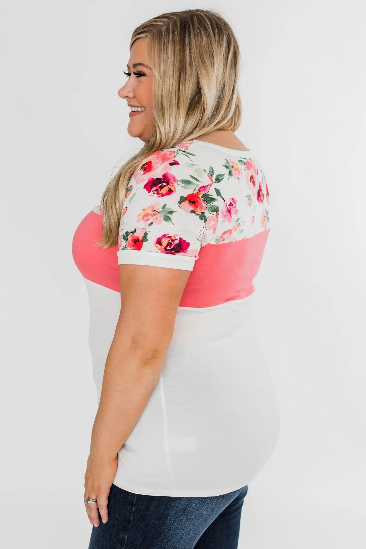 Color Block Short Sleeve Floral Top- White & Pink - Image 7