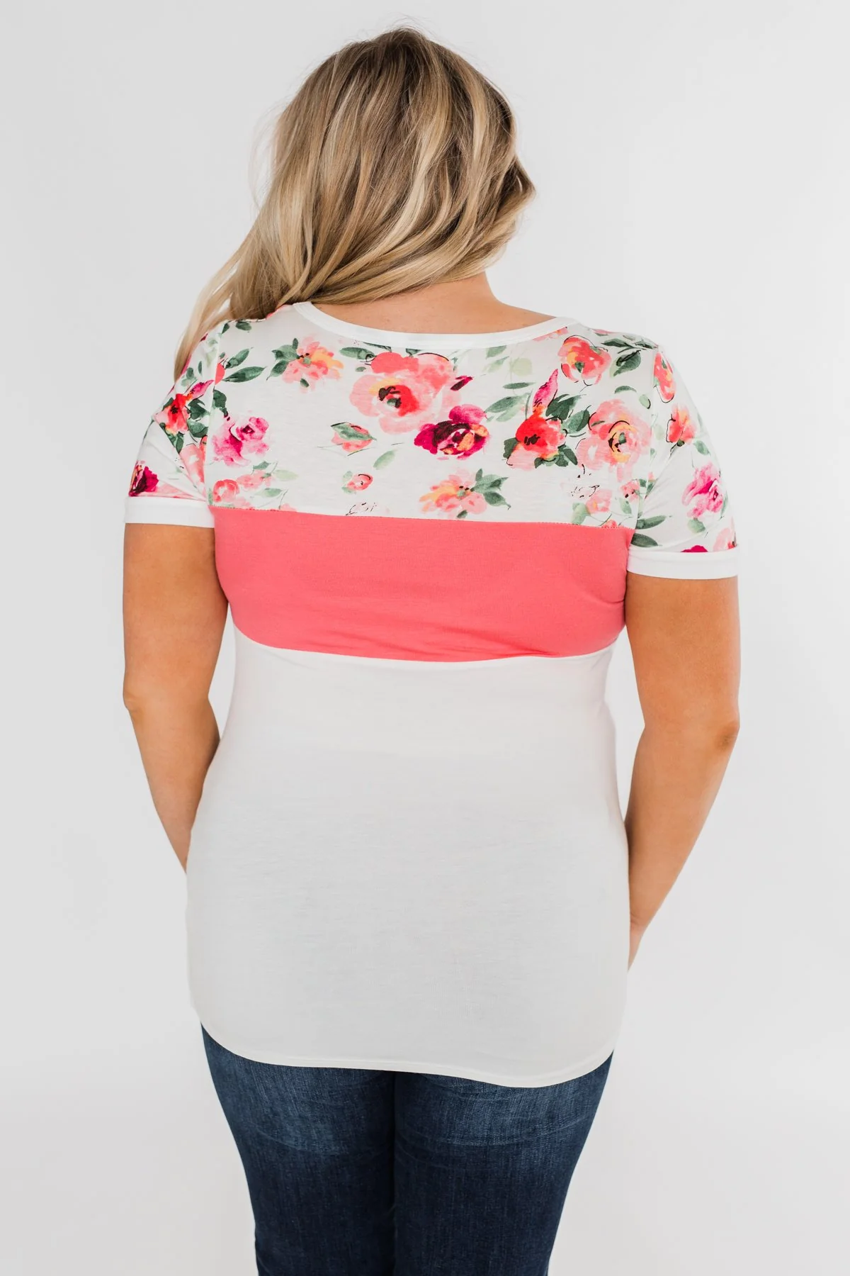 Color Block Short Sleeve Floral Top- White & Pink - Image 9