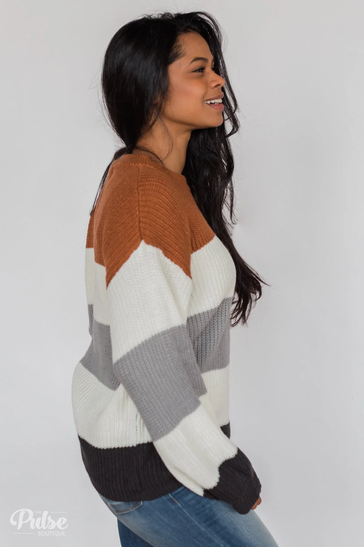 Color Block Chunky Sleeve Knitted Sweater- Orange, Ivory, Grey - Image 10