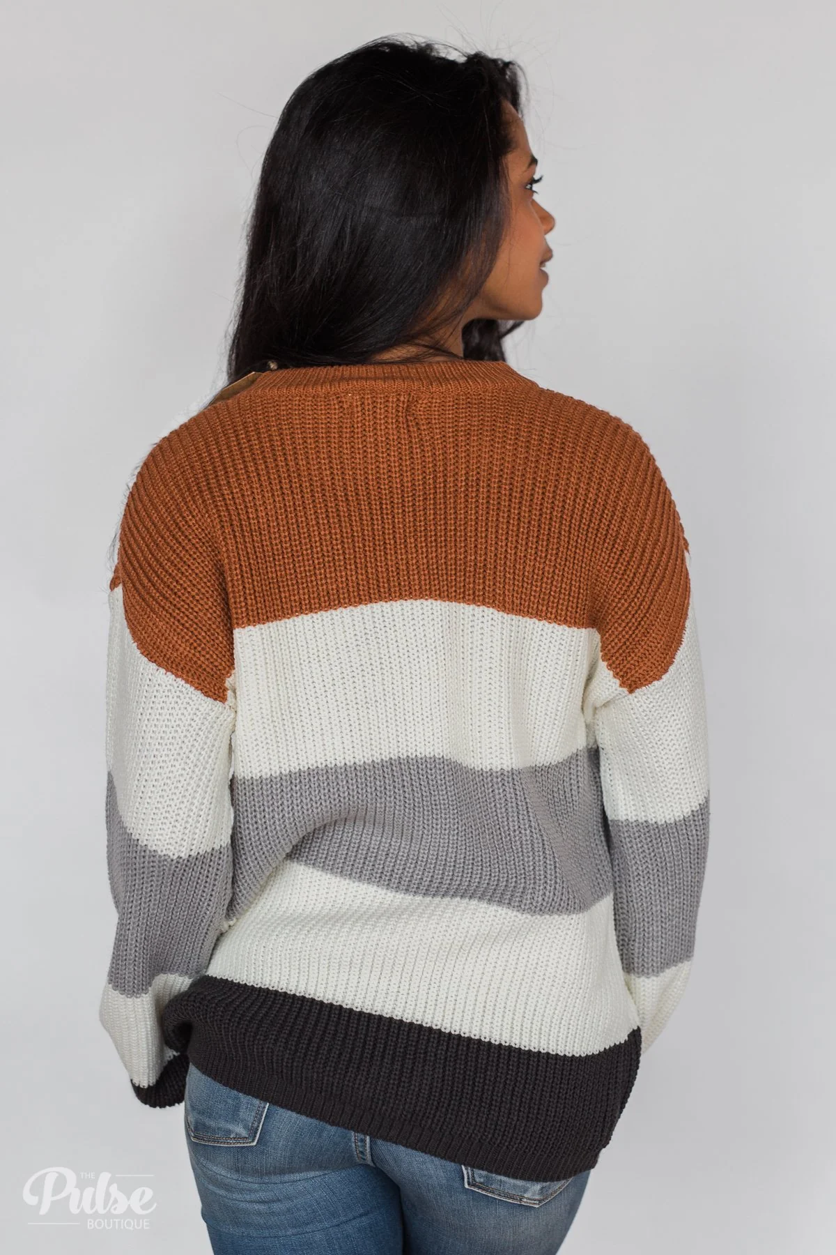Color Block Chunky Sleeve Knitted Sweater- Orange, Ivory, Grey - Image 11