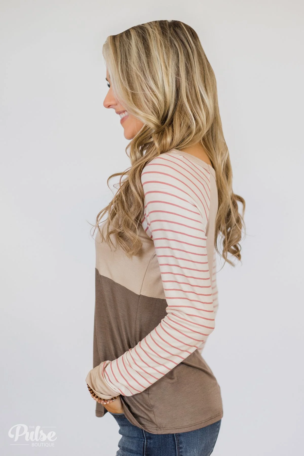 Color Block Striped Sleeve Top- Mocha - Image 5