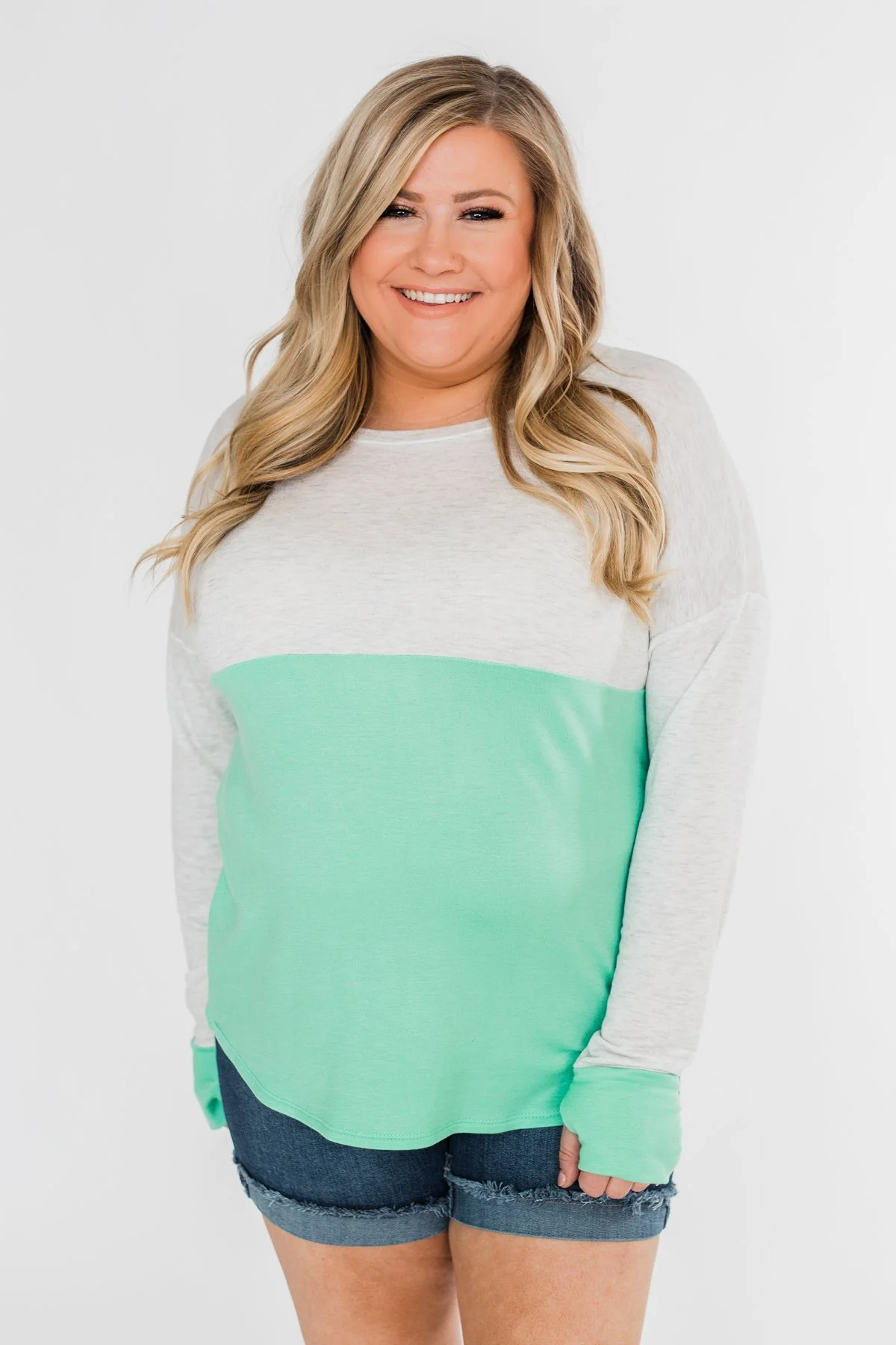 Color Block Thumb Hole Top- Mint - Image 10
