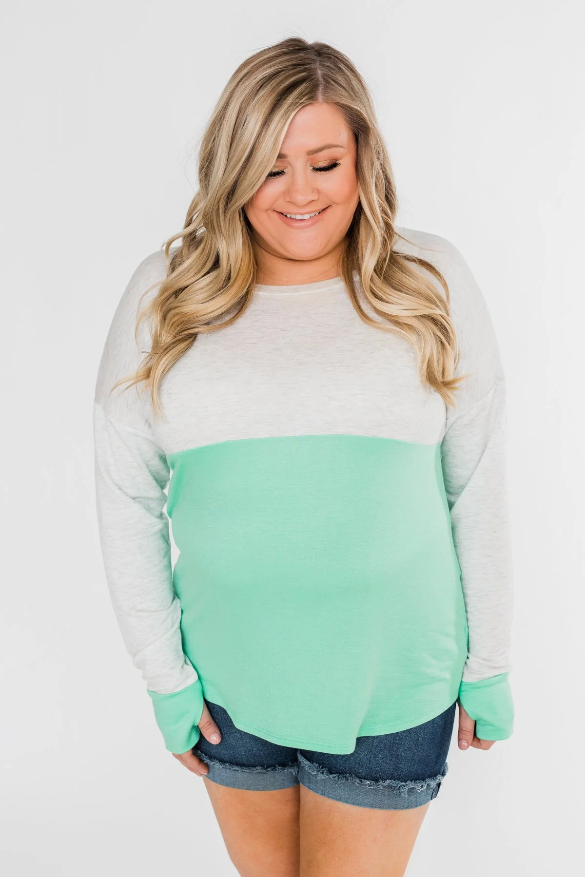Color Block Thumb Hole Top- Mint - Image 12