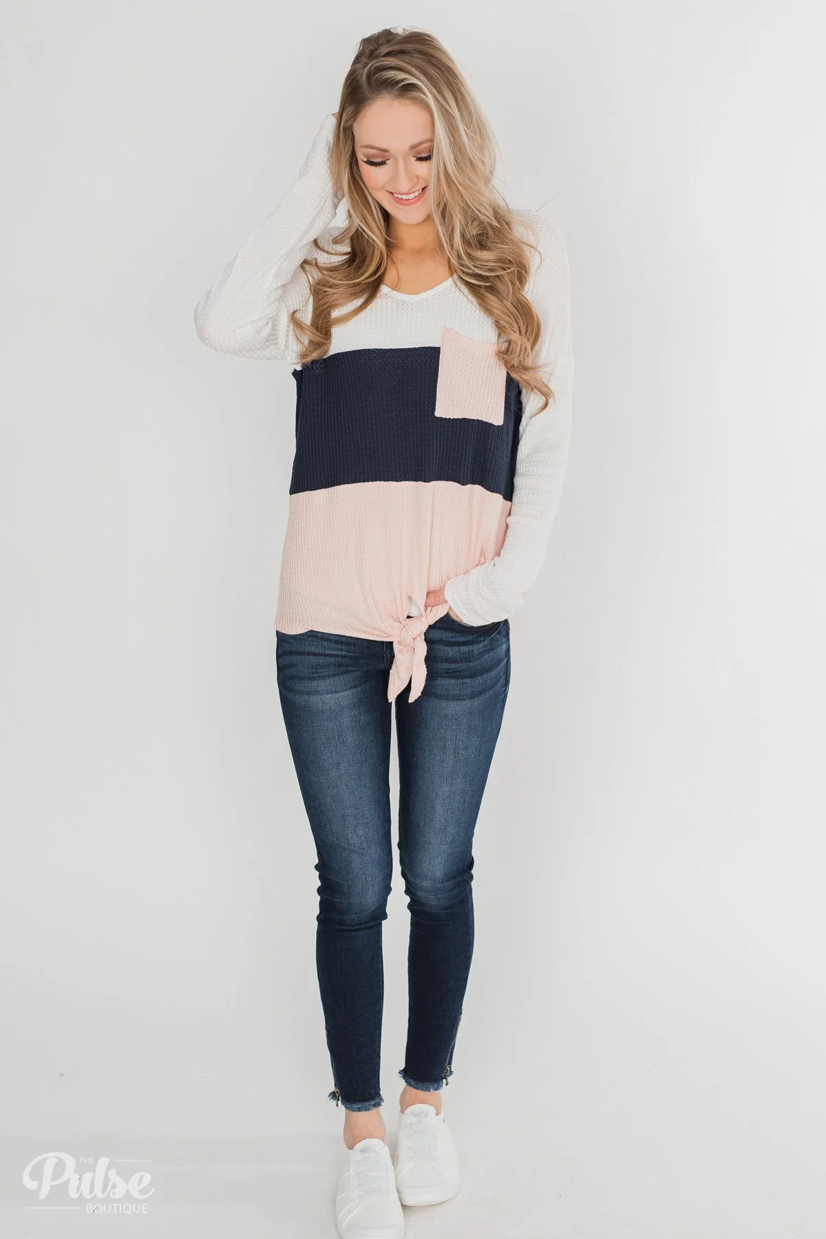 Color Block Waffle Knot Top - Navy & Blush - Image 4
