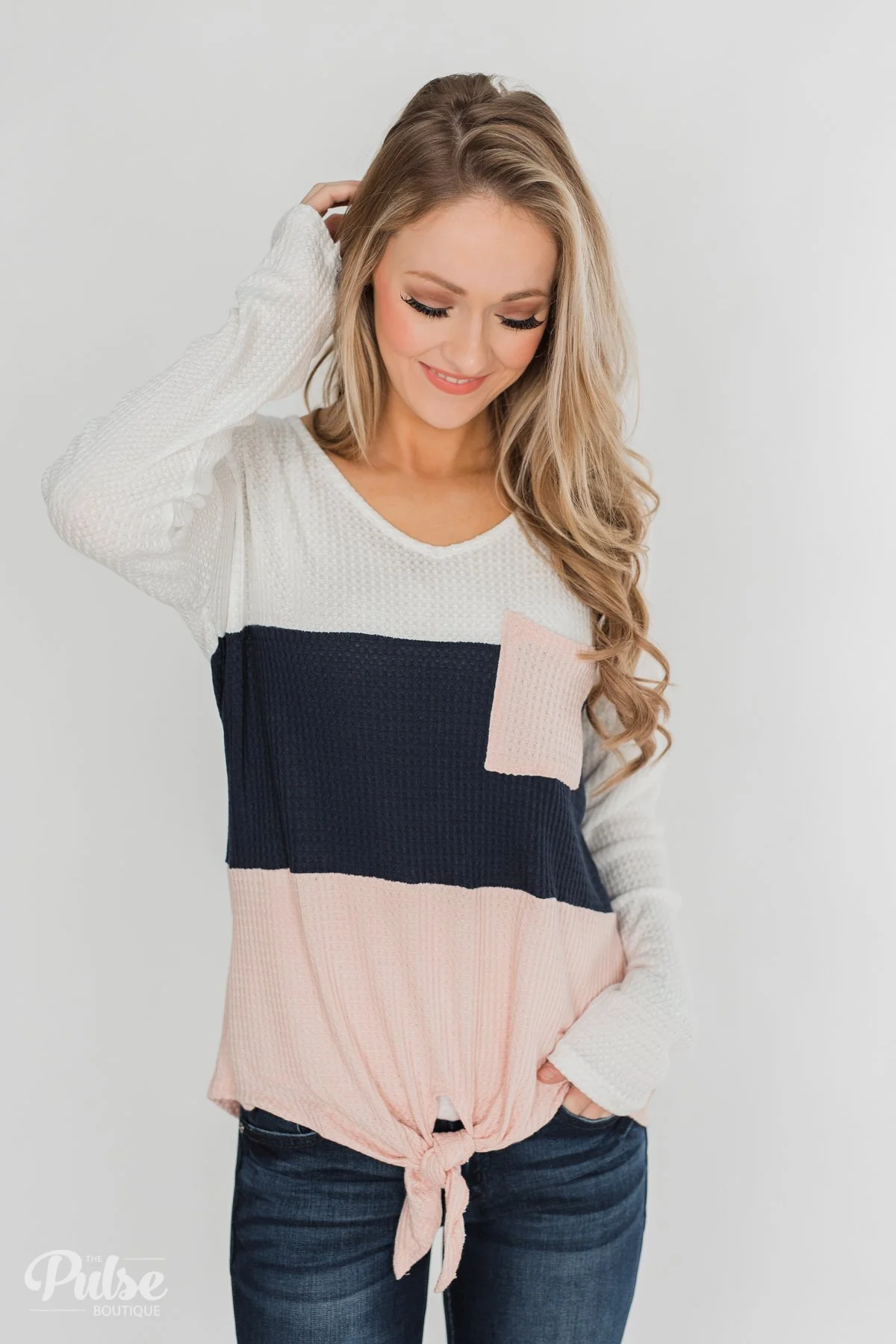 Color Block Waffle Knot Top - Navy & Blush - Image 7