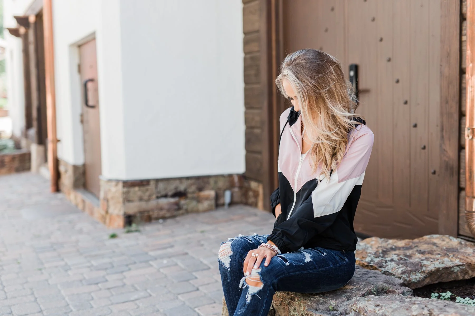Color Block Windbreaker Zip Up Jacket - Pink & Black - Image 15