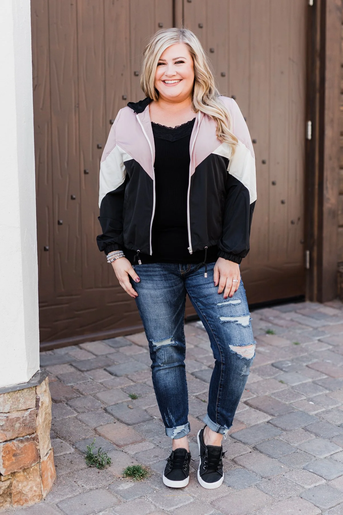 Color Block Windbreaker Zip Up Jacket - Pink & Black - Image 4