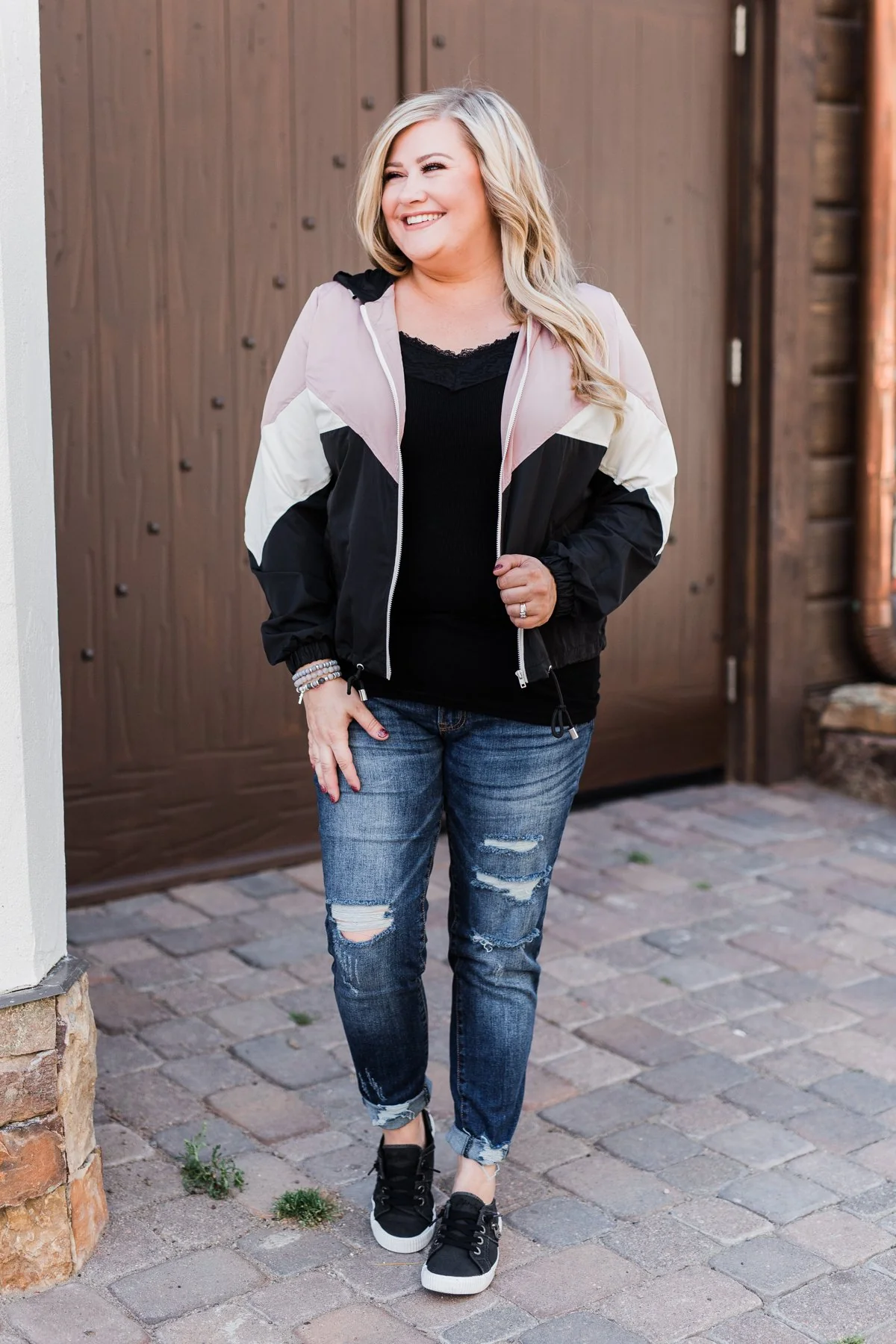 Color Block Windbreaker Zip Up Jacket - Pink & Black - Image 6