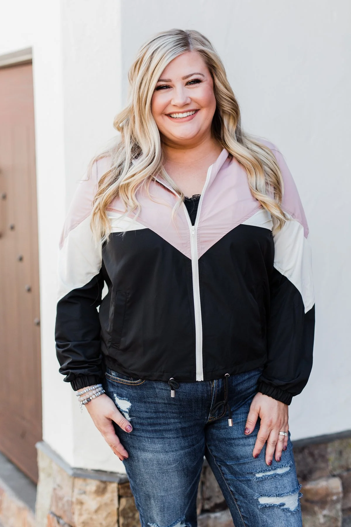 Color Block Windbreaker Zip Up Jacket - Pink & Black - Image 8