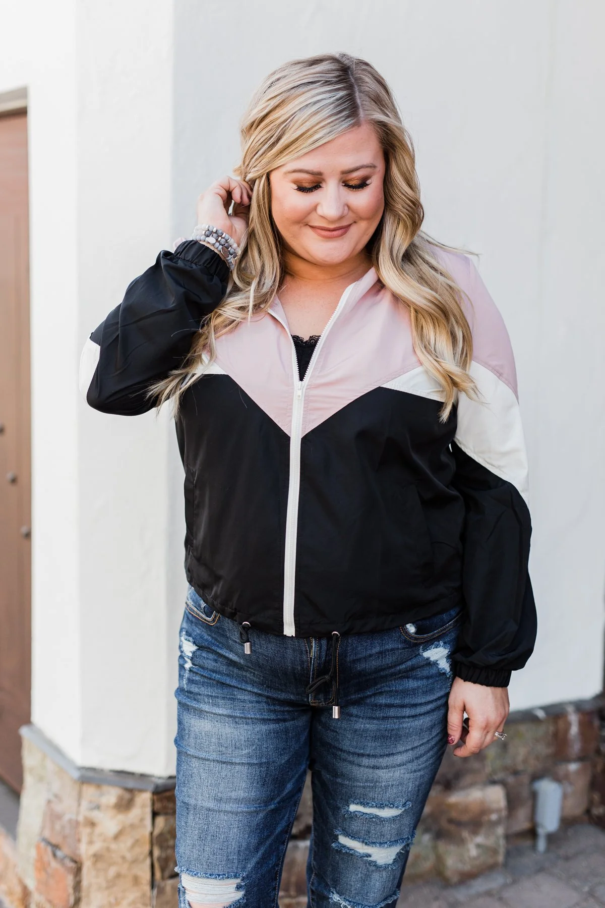 Color Block Windbreaker Zip Up Jacket - Pink & Black - Image 9