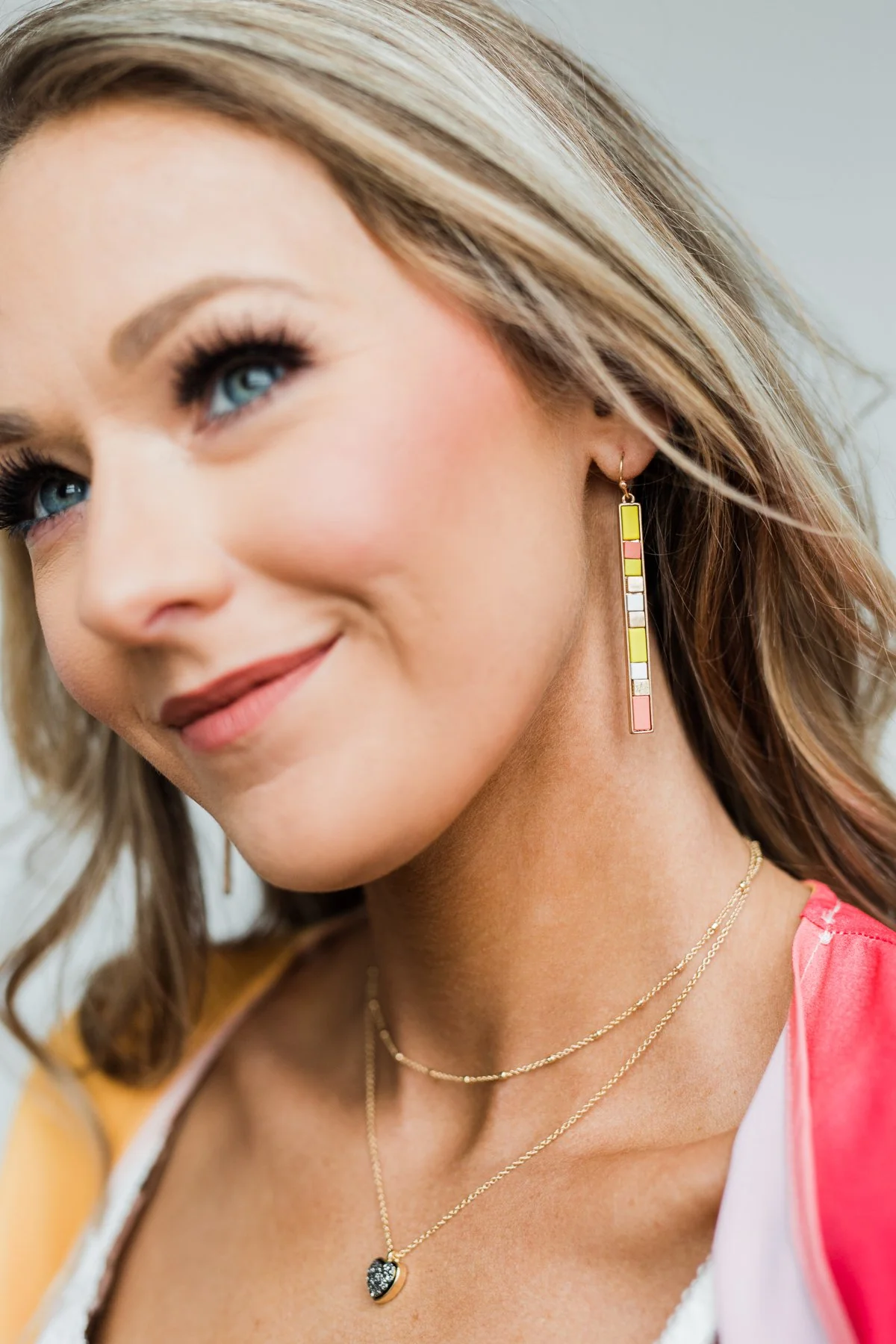Colorful Bar Gold Earrings- Yellow & Mauve - Image 2