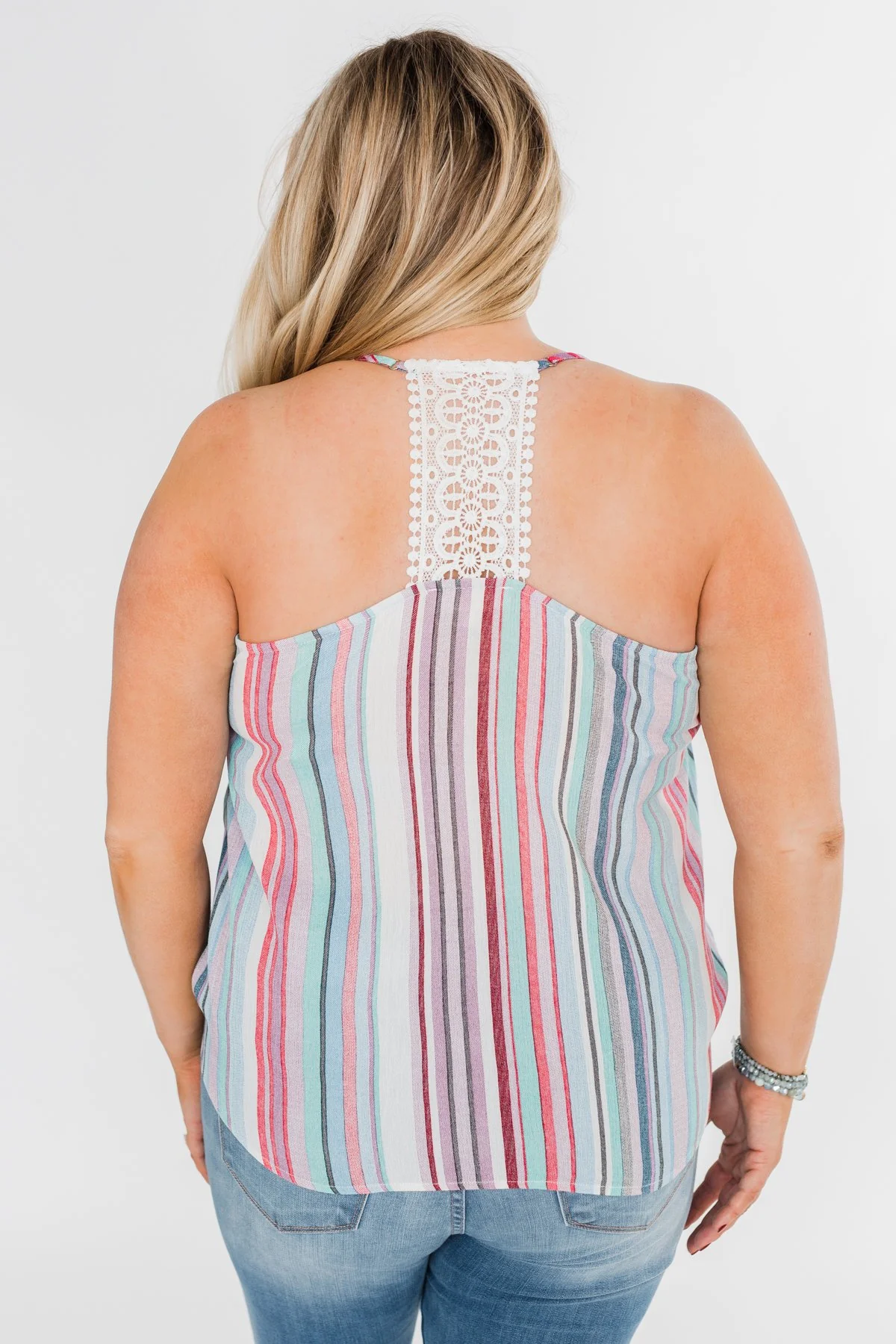 Colorful Stripe and Crochet Halter Tank Top- Lavender & Mint - Image 10