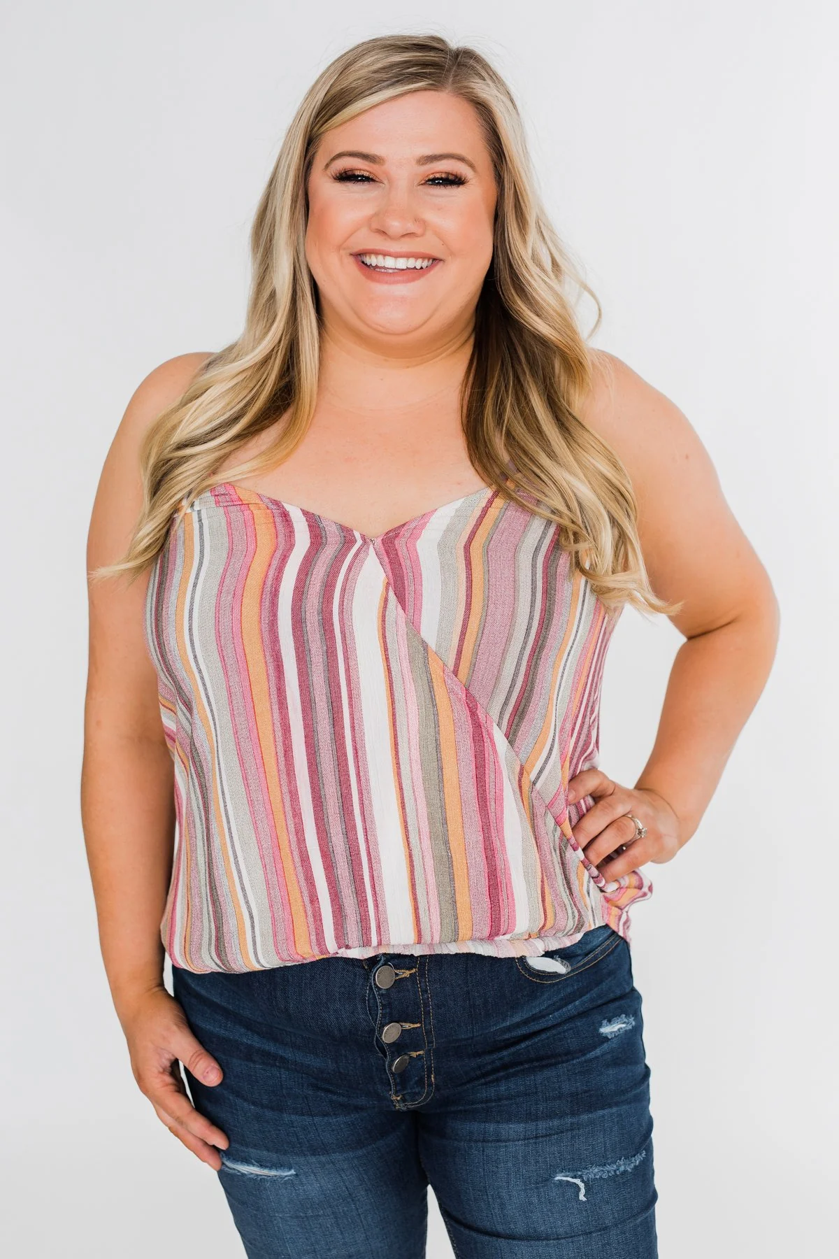 Colorful Stripe and Crochet Halter Tank Top- Purple & Taupe - Image 11
