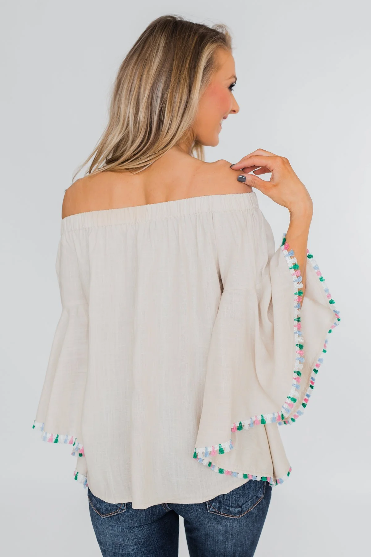 Come A Little Closer Off the Shoulder Top- Light Tan - Image 11