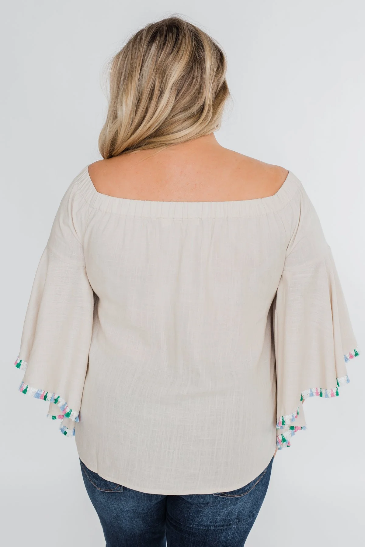Come A Little Closer Off the Shoulder Top- Light Tan - Image 12