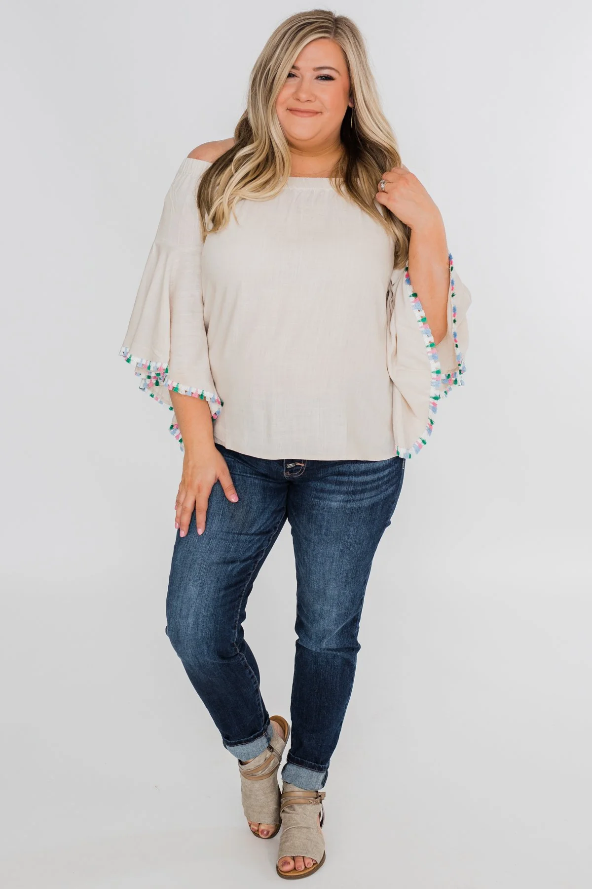 Come A Little Closer Off the Shoulder Top- Light Tan - Image 4