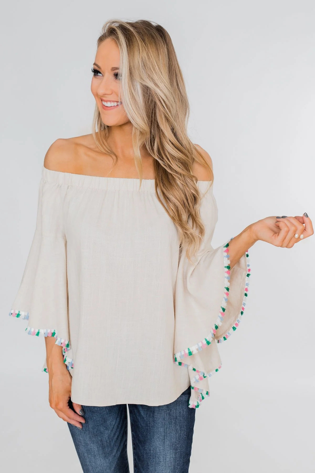 Come A Little Closer Off the Shoulder Top- Light Tan - Image 6